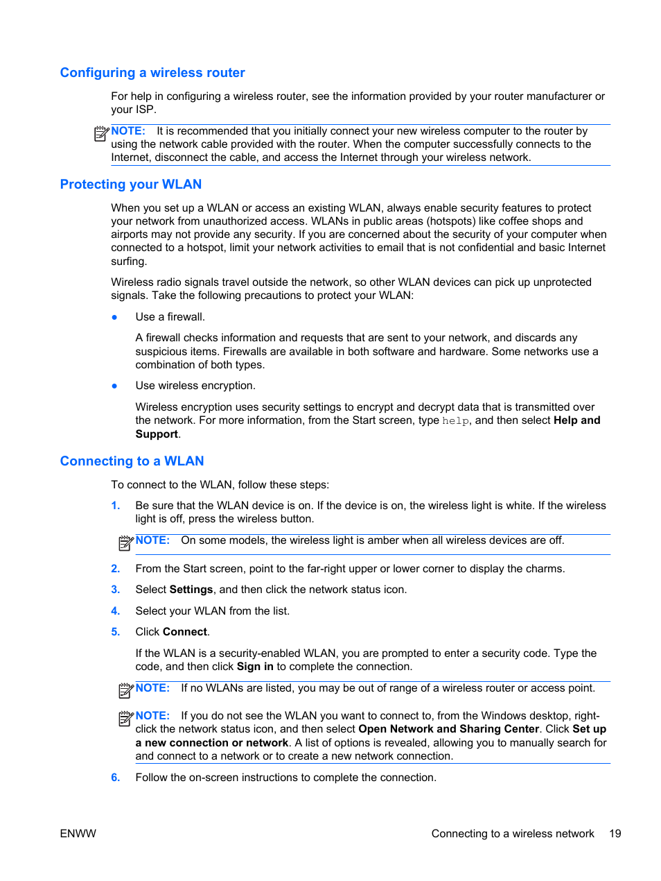 Configuring a wireless router, Protecting your wlan, Connecting to a wlan | HP Spectre 13 Pro-Notebook PC User Manual | Page 29 / 89
