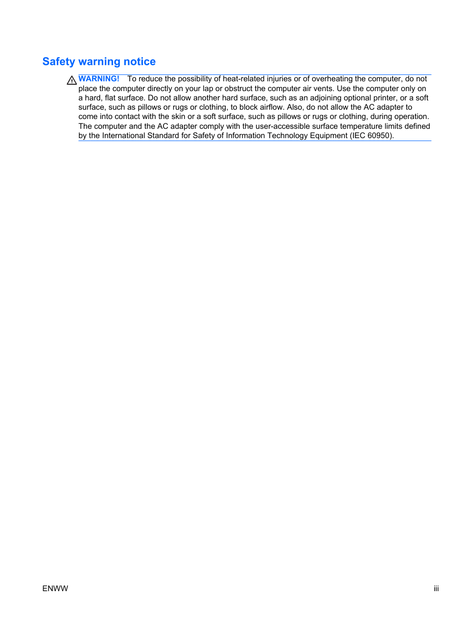 Safety warning notice | HP Spectre 13 Pro-Notebook PC User Manual | Page 3 / 89