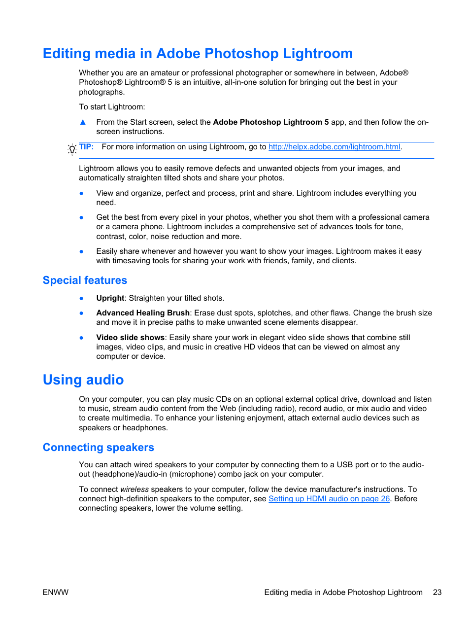 Editing media in adobe photoshop lightroom, Special features, Using audio | Connecting speakers, Editing | HP Spectre 13 Pro-Notebook PC User Manual | Page 33 / 89