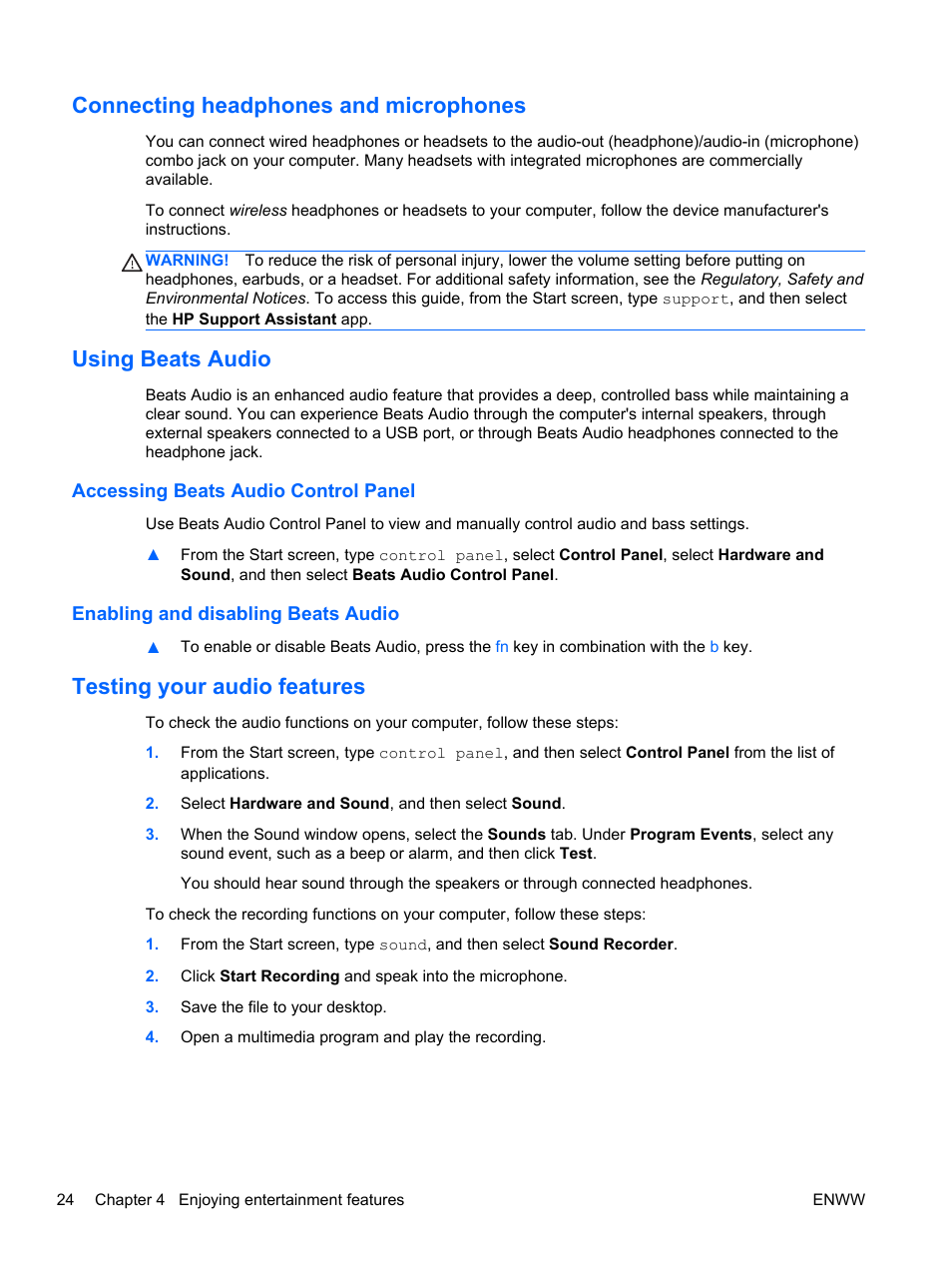 Connecting headphones and microphones, Using beats audio, Accessing beats audio control panel | Enabling and disabling beats audio, Testing your audio features | HP Spectre 13 Pro-Notebook PC User Manual | Page 34 / 89