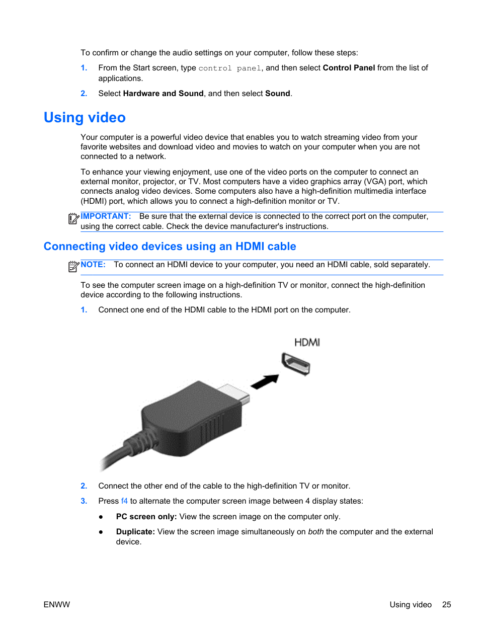 Using video, Connecting video devices using an hdmi cable, Connecting | HP Spectre 13 Pro-Notebook PC User Manual | Page 35 / 89