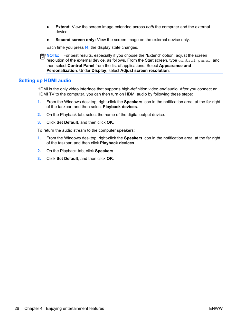 Setting up hdmi audio | HP Spectre 13 Pro-Notebook PC User Manual | Page 36 / 89