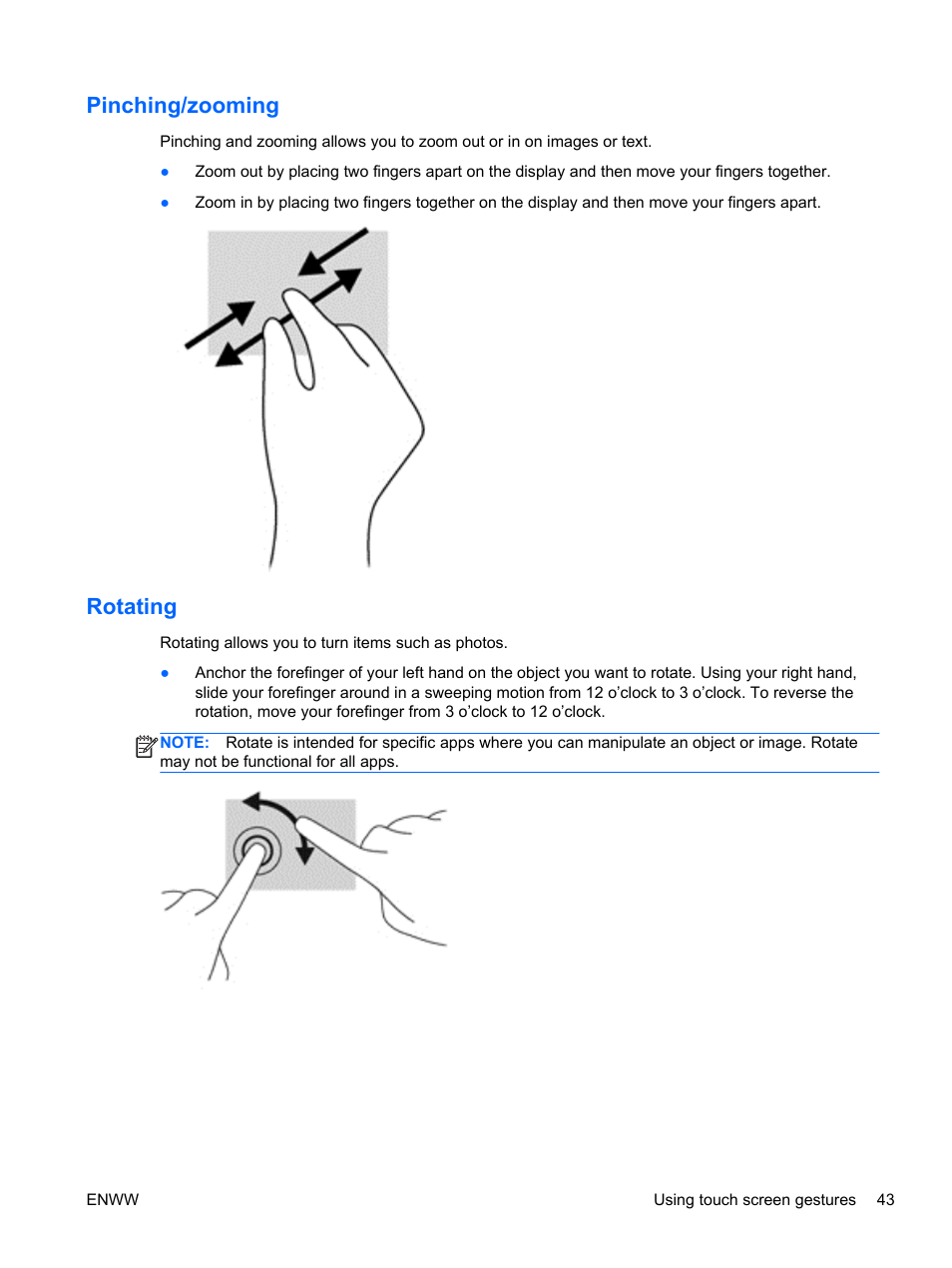 Pinching/zooming, Rotating, Pinching/zooming rotating | HP Spectre 13 Pro-Notebook PC User Manual | Page 53 / 89