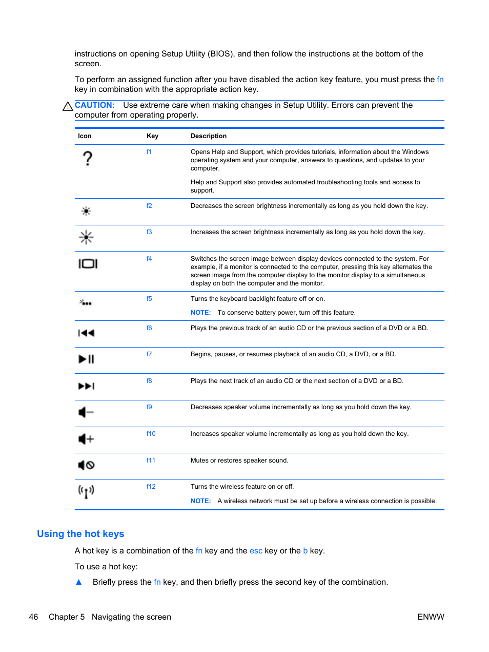 Using the hot keys | HP Spectre 13 Pro-Notebook PC User Manual | Page 56 / 89