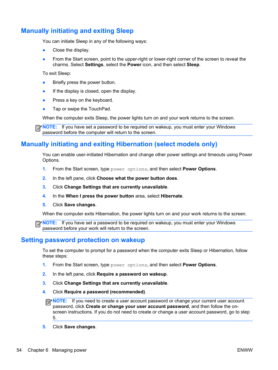 Manually initiating and exiting sleep, Setting password protection on wakeup, Manually initiating and | HP Spectre 13 Pro-Notebook PC User Manual | Page 64 / 89