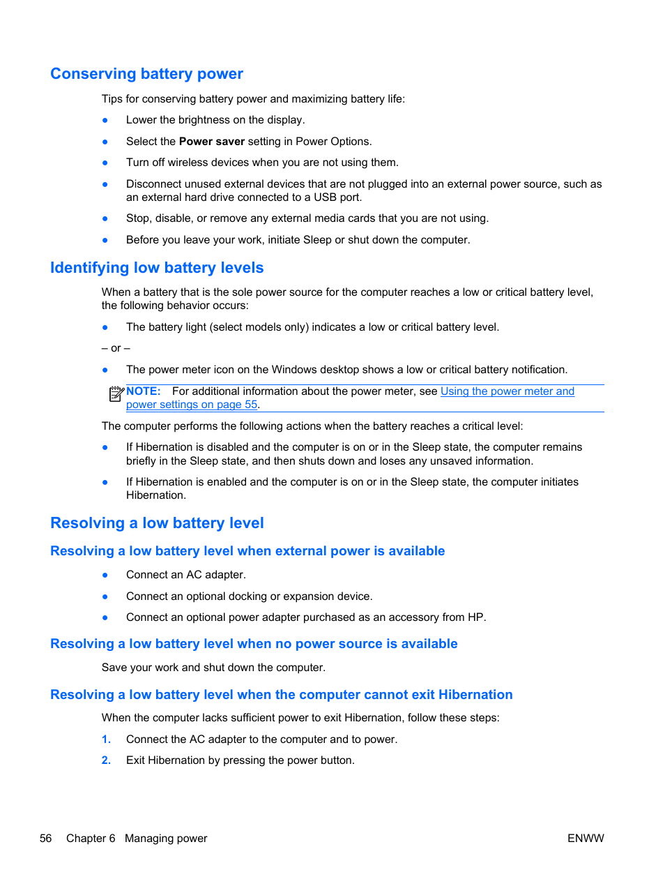 Conserving battery power, Identifying low battery levels, Resolving a low battery level | HP Spectre 13 Pro-Notebook PC User Manual | Page 66 / 89