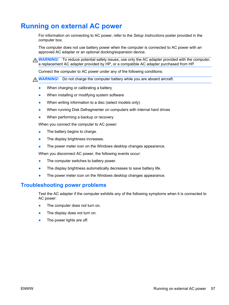 Running on external ac power, Troubleshooting power problems | HP Spectre 13 Pro-Notebook PC User Manual | Page 67 / 89