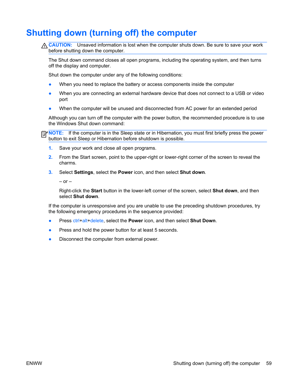 Shutting down (turning off) the computer | HP Spectre 13 Pro-Notebook PC User Manual | Page 69 / 89