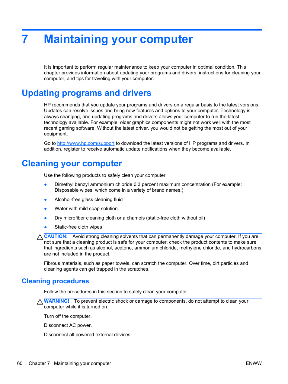 Maintaining your computer, Updating programs and drivers, Cleaning your computer | Cleaning procedures, 7 maintaining your computer, 7maintaining your computer | HP Spectre 13 Pro-Notebook PC User Manual | Page 70 / 89