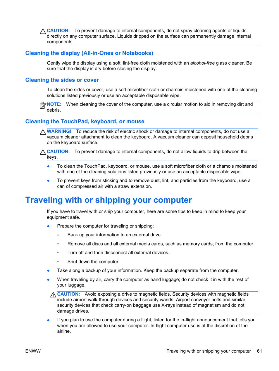 Cleaning the display (all-in-ones or notebooks), Cleaning the sides or cover, Cleaning the touchpad, keyboard, or mouse | Traveling with or shipping your computer | HP Spectre 13 Pro-Notebook PC User Manual | Page 71 / 89