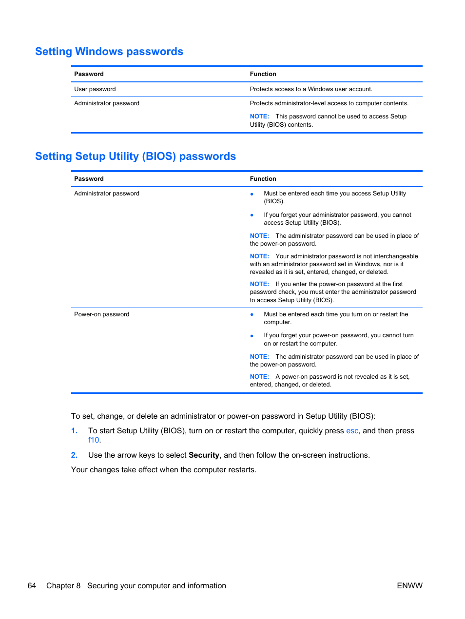 Setting windows passwords, Setting setup utility (bios) passwords | HP Spectre 13 Pro-Notebook PC User Manual | Page 74 / 89