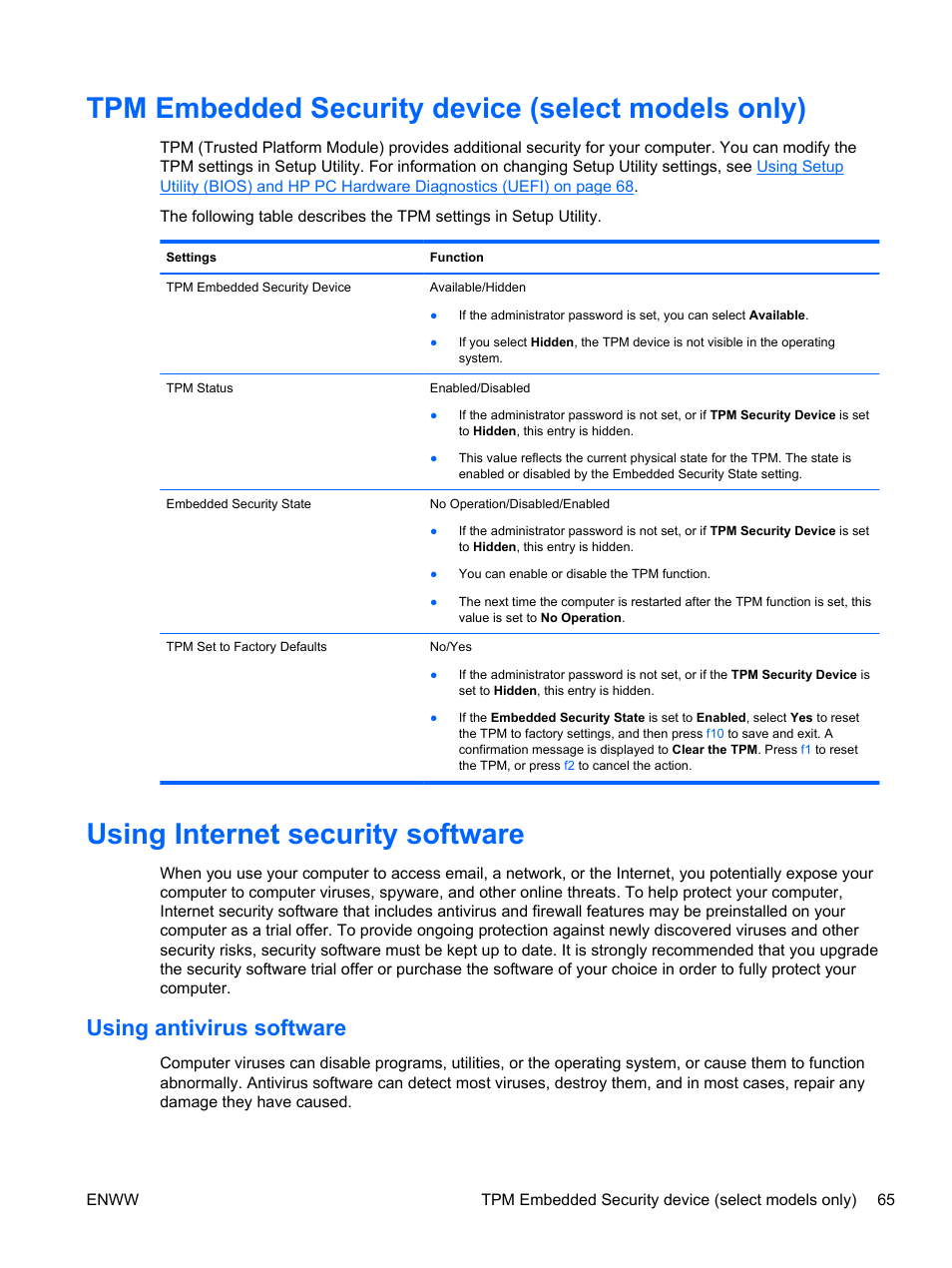 Tpm embedded security device (select models only), Using internet security software, Using antivirus software | HP Spectre 13 Pro-Notebook PC User Manual | Page 75 / 89