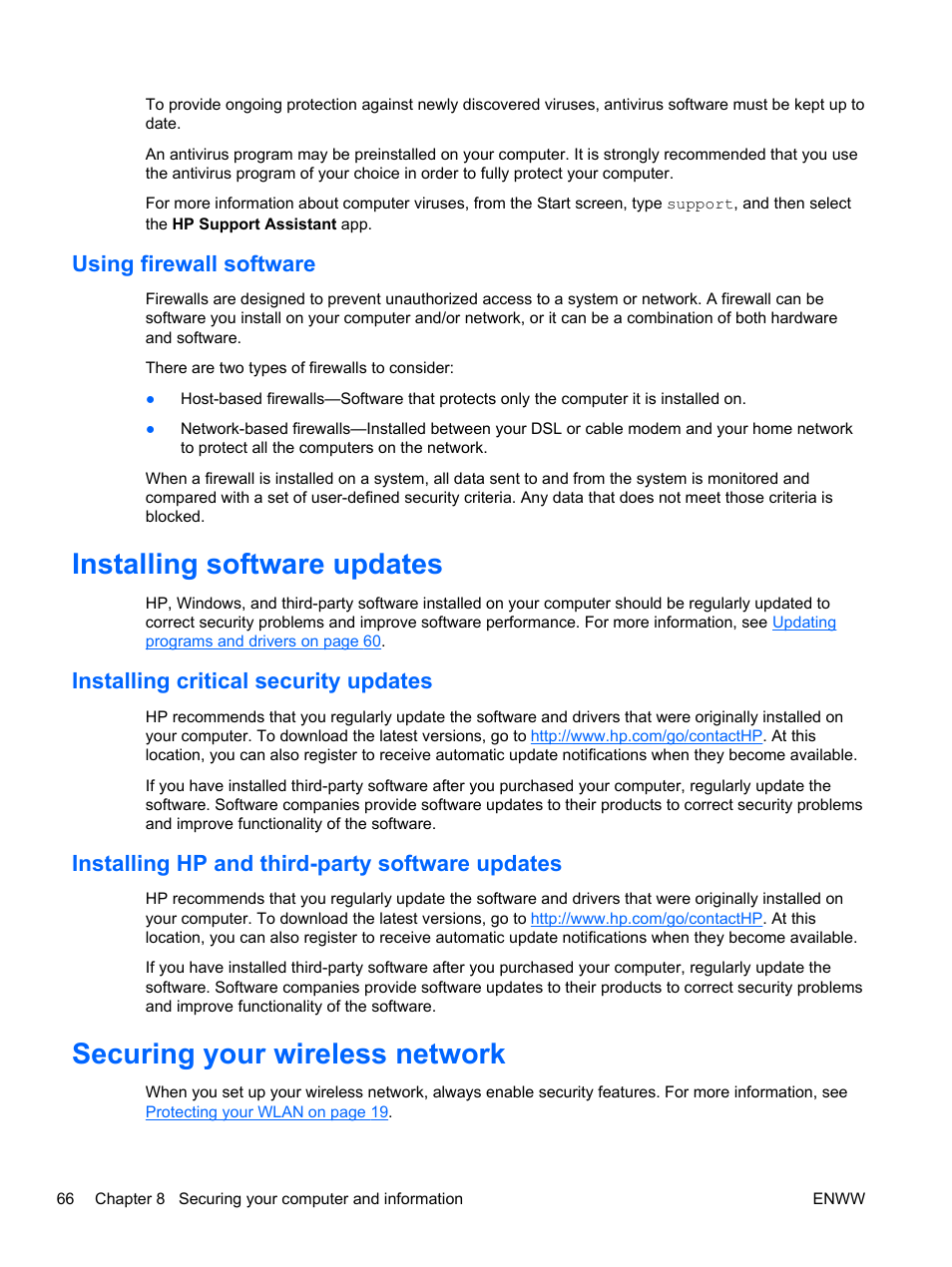 Using firewall software, Installing software updates, Installing critical security updates | Installing hp and third-party software updates, Securing your wireless network | HP Spectre 13 Pro-Notebook PC User Manual | Page 76 / 89