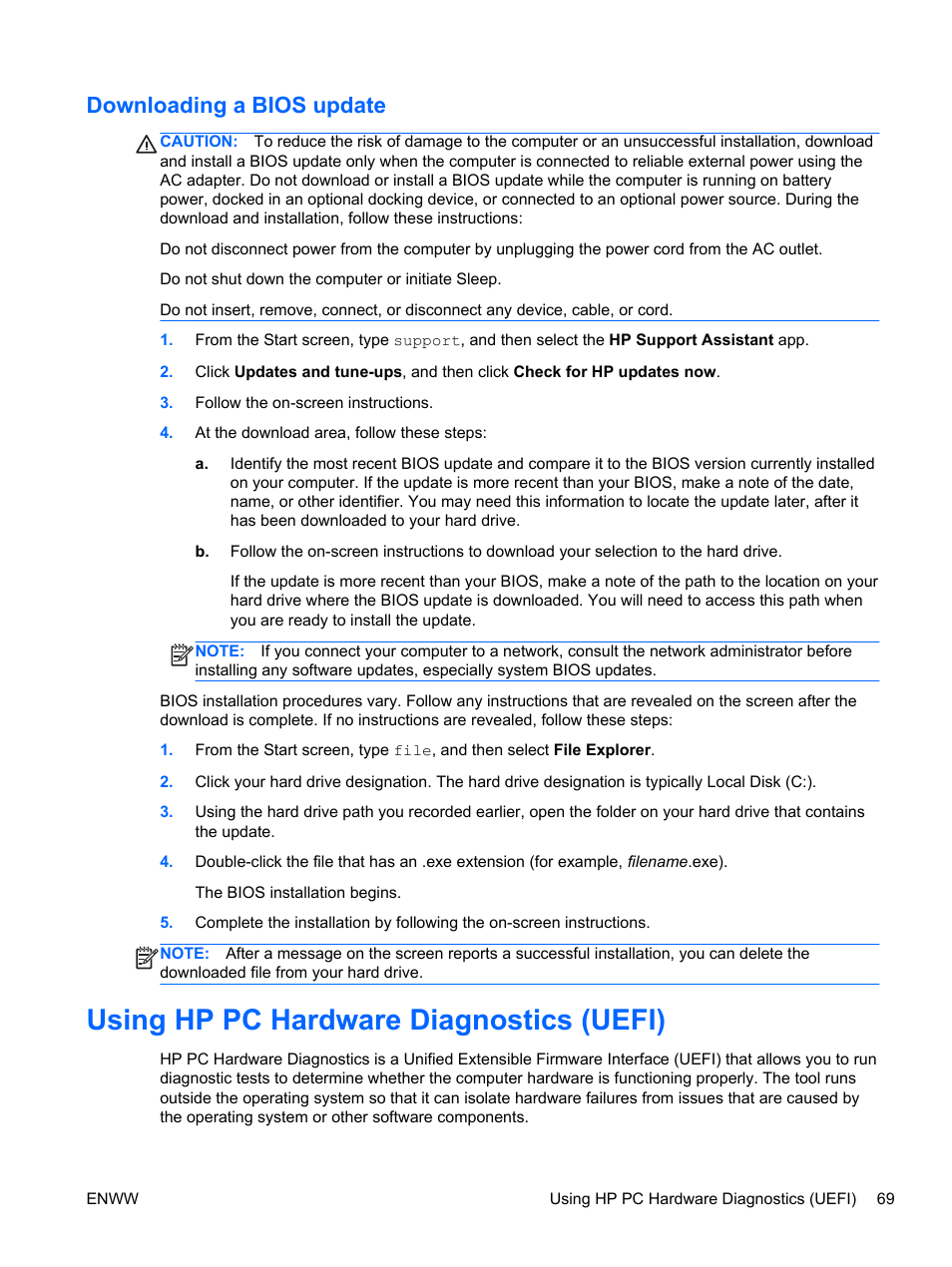 Downloading a bios update, Using hp pc hardware diagnostics (uefi) | HP Spectre 13 Pro-Notebook PC User Manual | Page 79 / 89