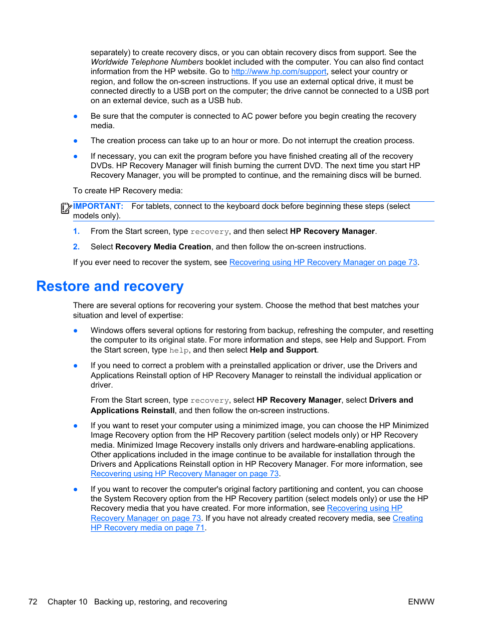 Restore and recovery | HP Spectre 13 Pro-Notebook PC User Manual | Page 82 / 89