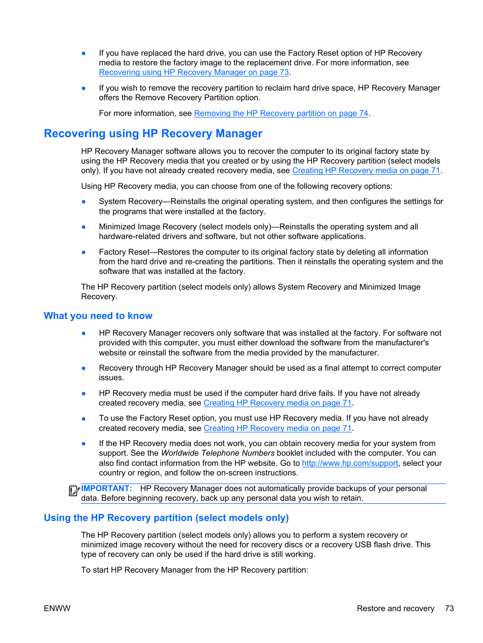 Recovering using hp recovery manager, What you need to know, Recovering using hp | HP Spectre 13 Pro-Notebook PC User Manual | Page 83 / 89