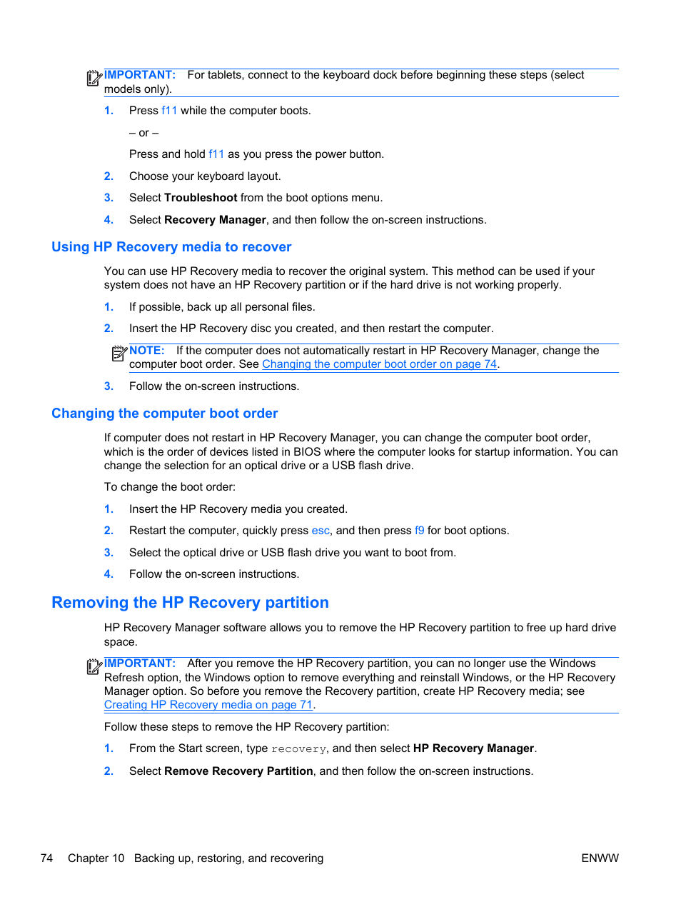 Using hp recovery media to recover, Changing the computer boot order, Removing the hp recovery partition | HP Spectre 13 Pro-Notebook PC User Manual | Page 84 / 89