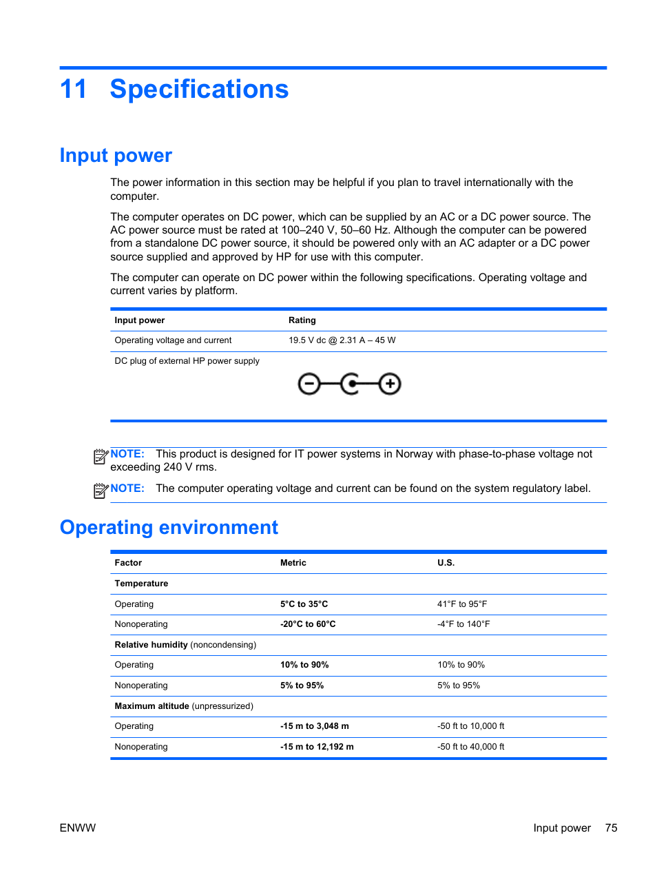 Specifications, Input power, Operating environment | 11 specifications, Input power operating environment | HP Spectre 13 Pro-Notebook PC User Manual | Page 85 / 89