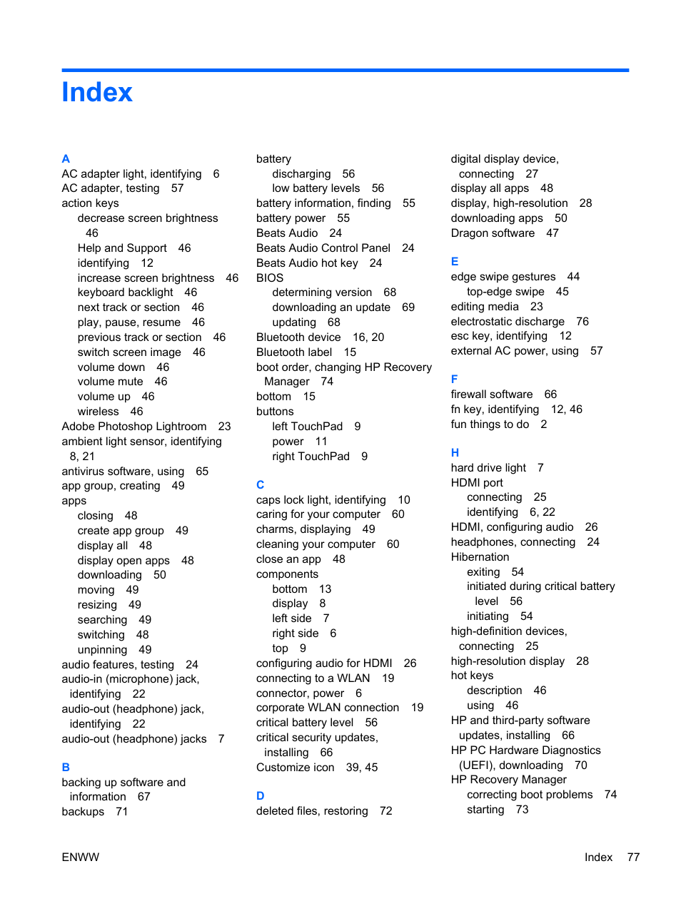 Index | HP Spectre 13 Pro-Notebook PC User Manual | Page 87 / 89