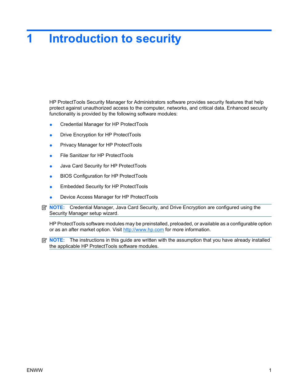 Introduction to security, 1 introduction to security, 1introduction to security | HP Compaq dc7900 Small Form Factor PC User Manual | Page 11 / 110