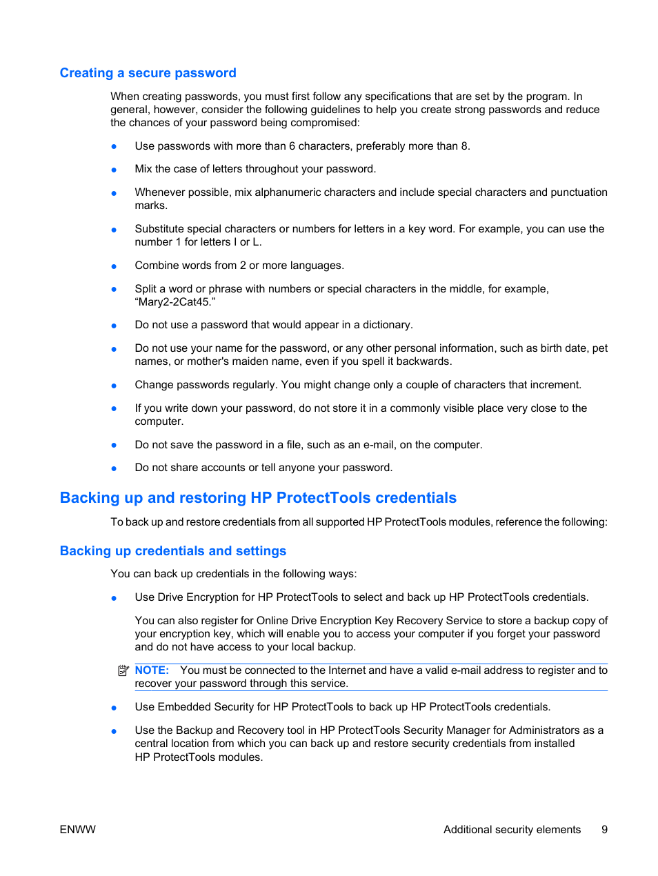 Creating a secure password, Backing up credentials and settings | HP Compaq dc7900 Small Form Factor PC User Manual | Page 19 / 110