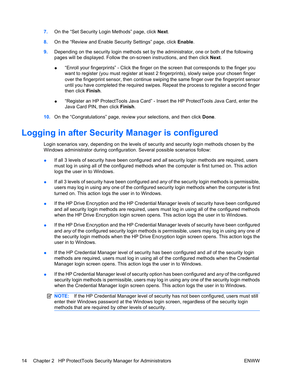 Logging in after security manager is configured | HP Compaq dc7900 Small Form Factor PC User Manual | Page 24 / 110
