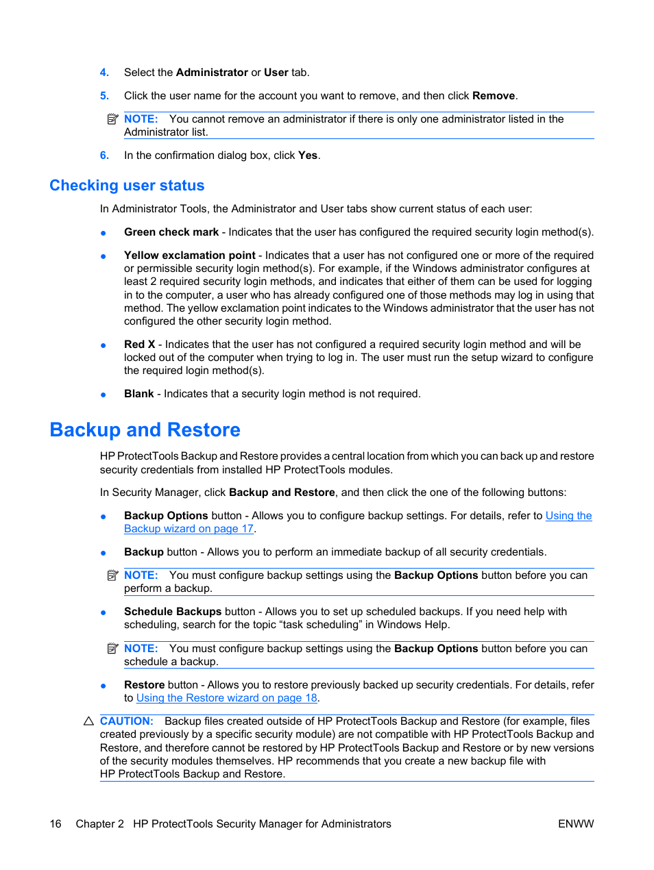 Checking user status, Backup and restore | HP Compaq dc7900 Small Form Factor PC User Manual | Page 26 / 110