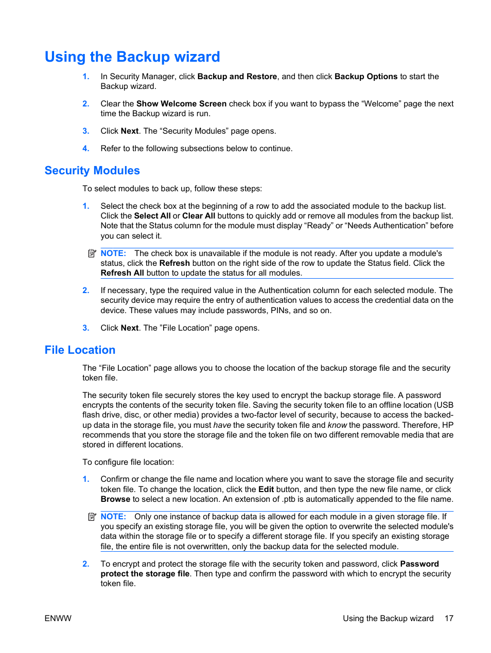 Using the backup wizard, Security modules, File location | Security modules file location, Using the | HP Compaq dc7900 Small Form Factor PC User Manual | Page 27 / 110