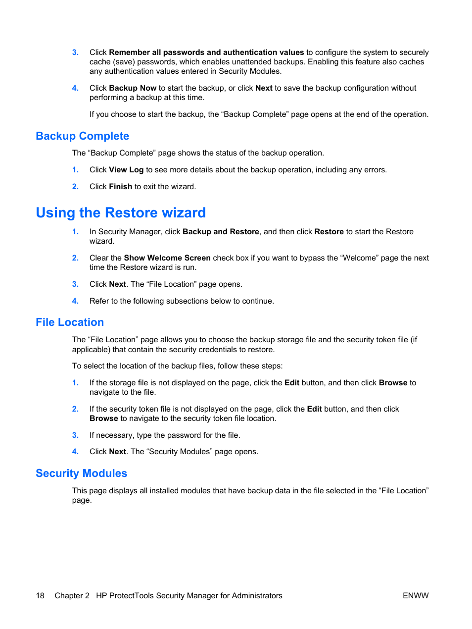 Backup complete, Using the restore wizard, File location | Security modules, File location security modules | HP Compaq dc7900 Small Form Factor PC User Manual | Page 28 / 110
