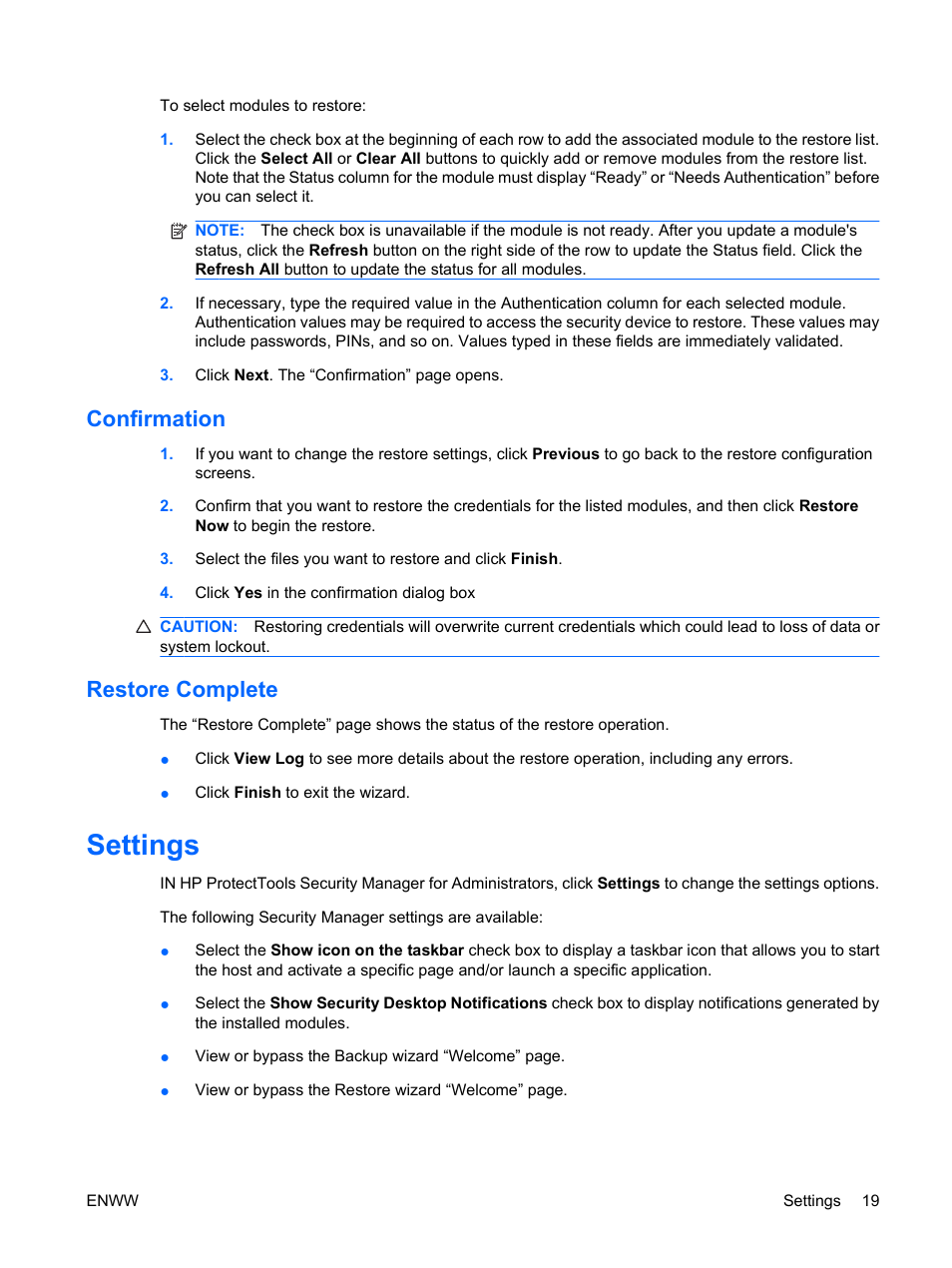 Confirmation, Restore complete, Settings | Confirmation restore complete | HP Compaq dc7900 Small Form Factor PC User Manual | Page 29 / 110