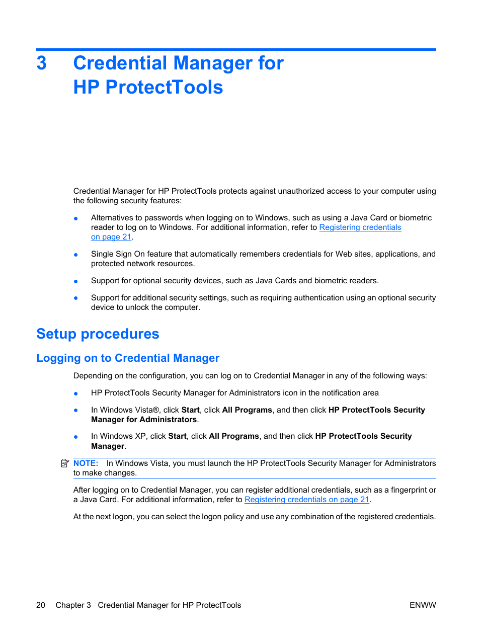 Credential manager for hp protecttools, Setup procedures, Logging on to credential manager | 3 credential manager for hp protecttools, 3credential manager for hp protecttools | HP Compaq dc7900 Small Form Factor PC User Manual | Page 30 / 110