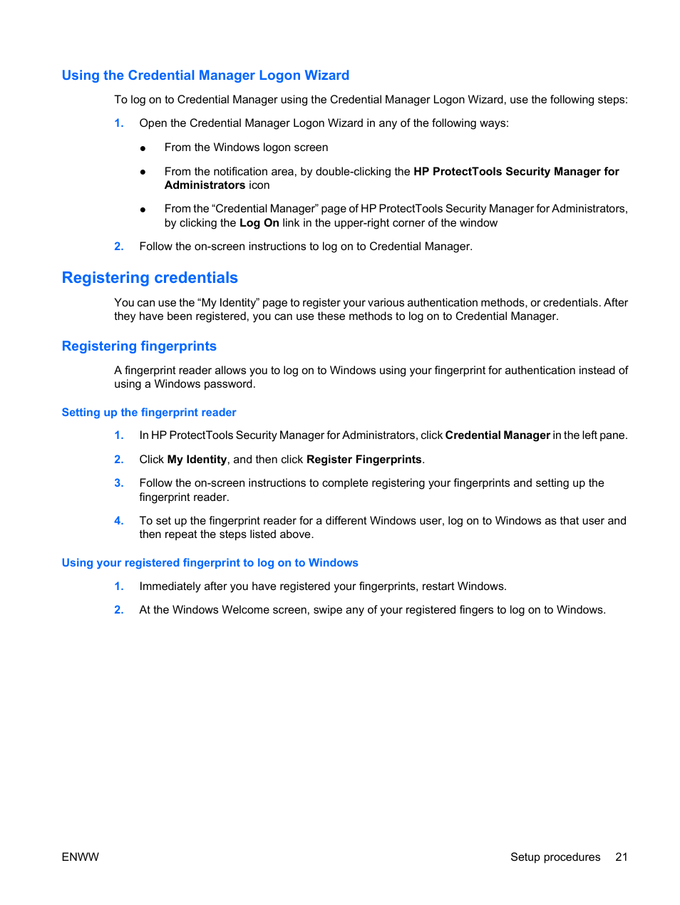 Using the credential manager logon wizard, Registering credentials, Registering fingerprints | Setting up the fingerprint reader | HP Compaq dc7900 Small Form Factor PC User Manual | Page 31 / 110