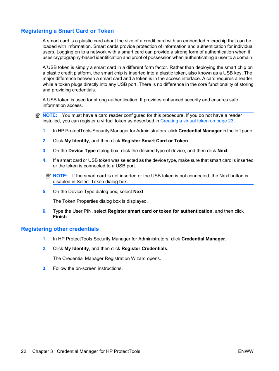 Registering a smart card or token, Registering other credentials | HP Compaq dc7900 Small Form Factor PC User Manual | Page 32 / 110
