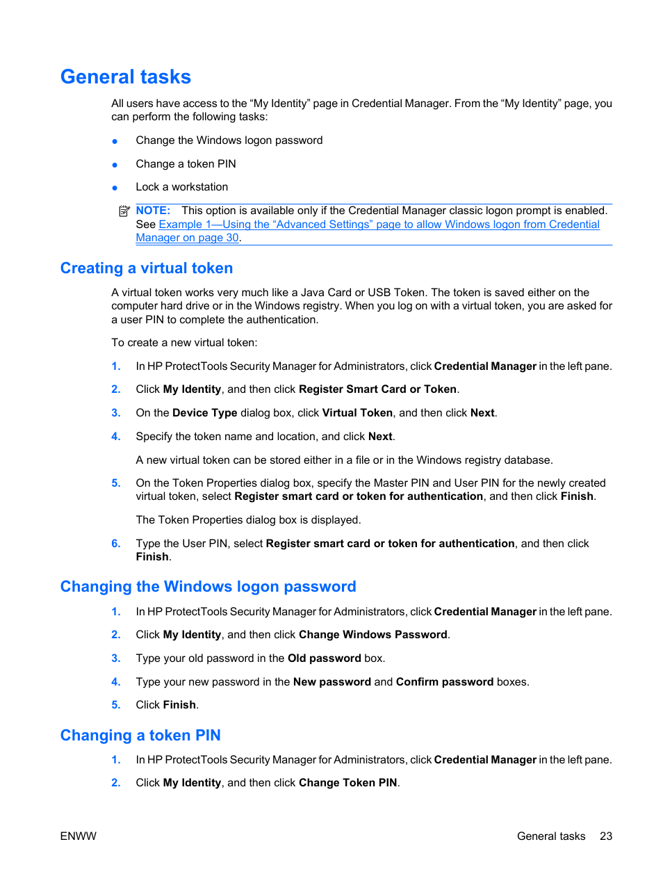 General tasks, Creating a virtual token, Changing the windows logon password | Changing a token pin | HP Compaq dc7900 Small Form Factor PC User Manual | Page 33 / 110