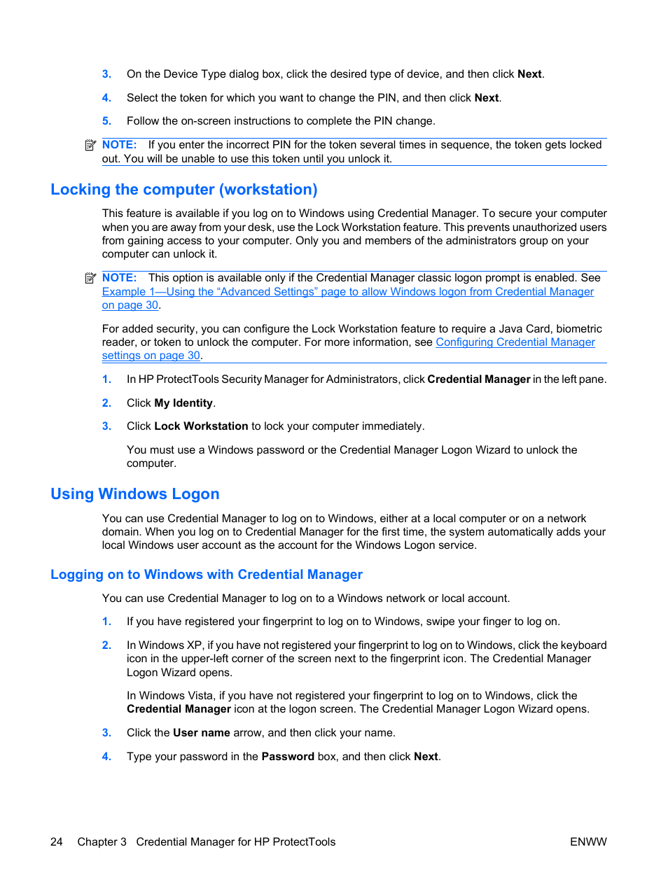 Locking the computer (workstation), Using windows logon, Logging on to windows with credential manager | HP Compaq dc7900 Small Form Factor PC User Manual | Page 34 / 110