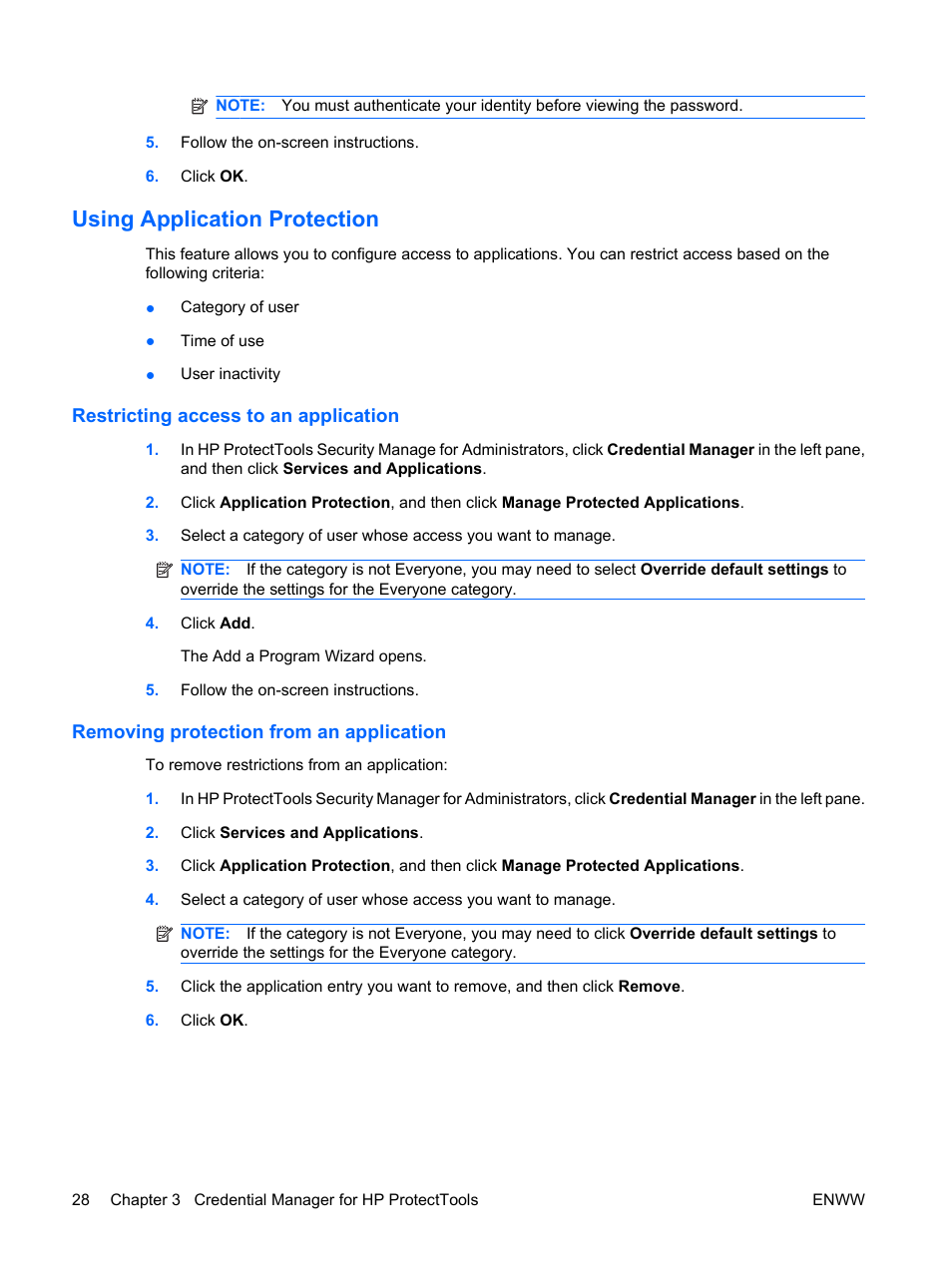 Using application protection, Restricting access to an application, Removing protection from an application | HP Compaq dc7900 Small Form Factor PC User Manual | Page 38 / 110