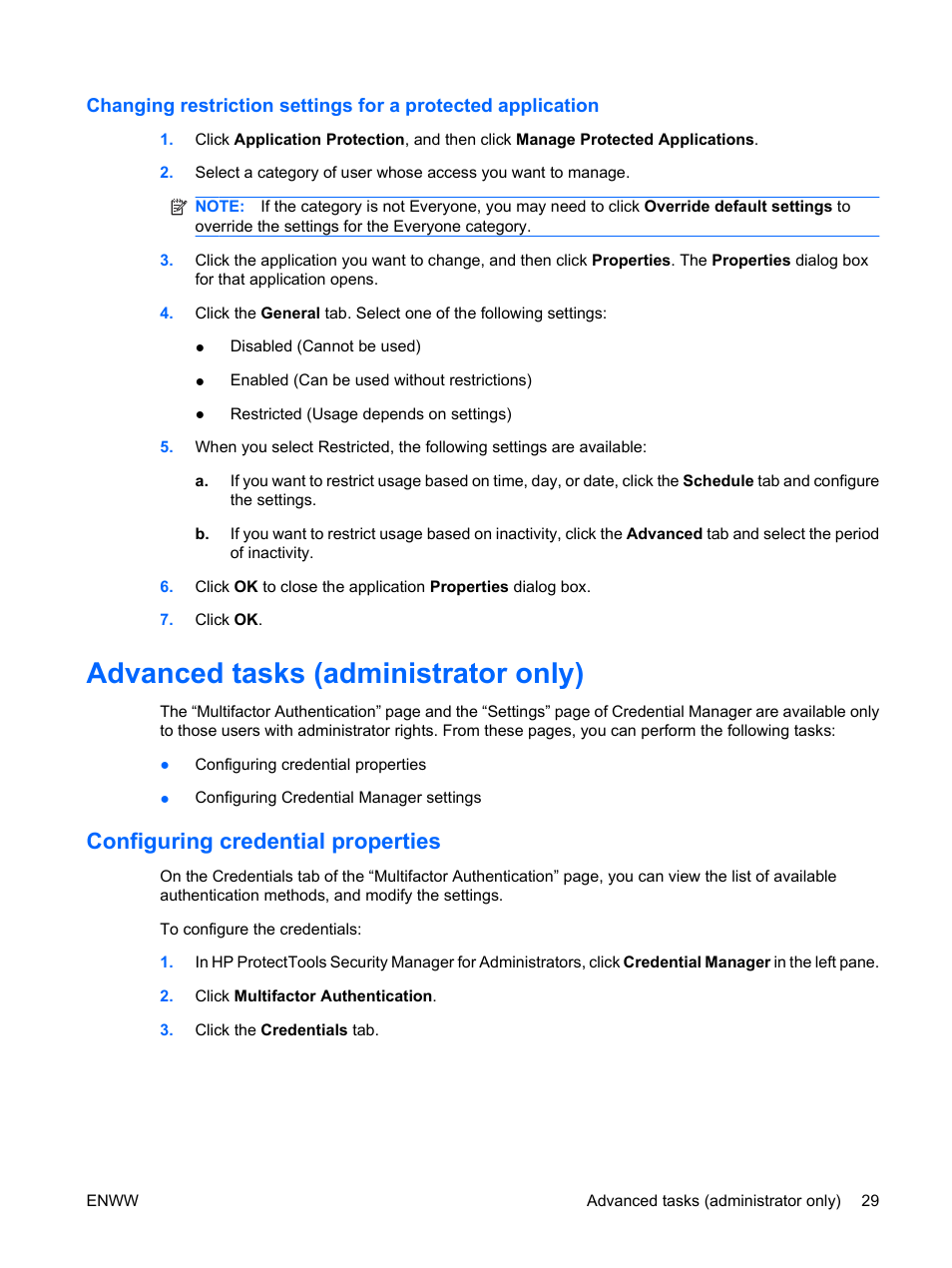 Advanced tasks (administrator only), Configuring credential properties | HP Compaq dc7900 Small Form Factor PC User Manual | Page 39 / 110
