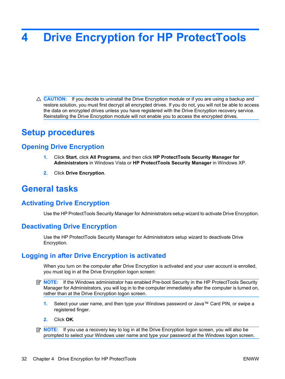 Drive encryption for hp protecttools, Setup procedures, Opening drive encryption | General tasks, Activating drive encryption, Deactivating drive encryption, Logging in after drive encryption is activated, 4 drive encryption for hp protecttools, 4drive encryption for hp protecttools | HP Compaq dc7900 Small Form Factor PC User Manual | Page 42 / 110