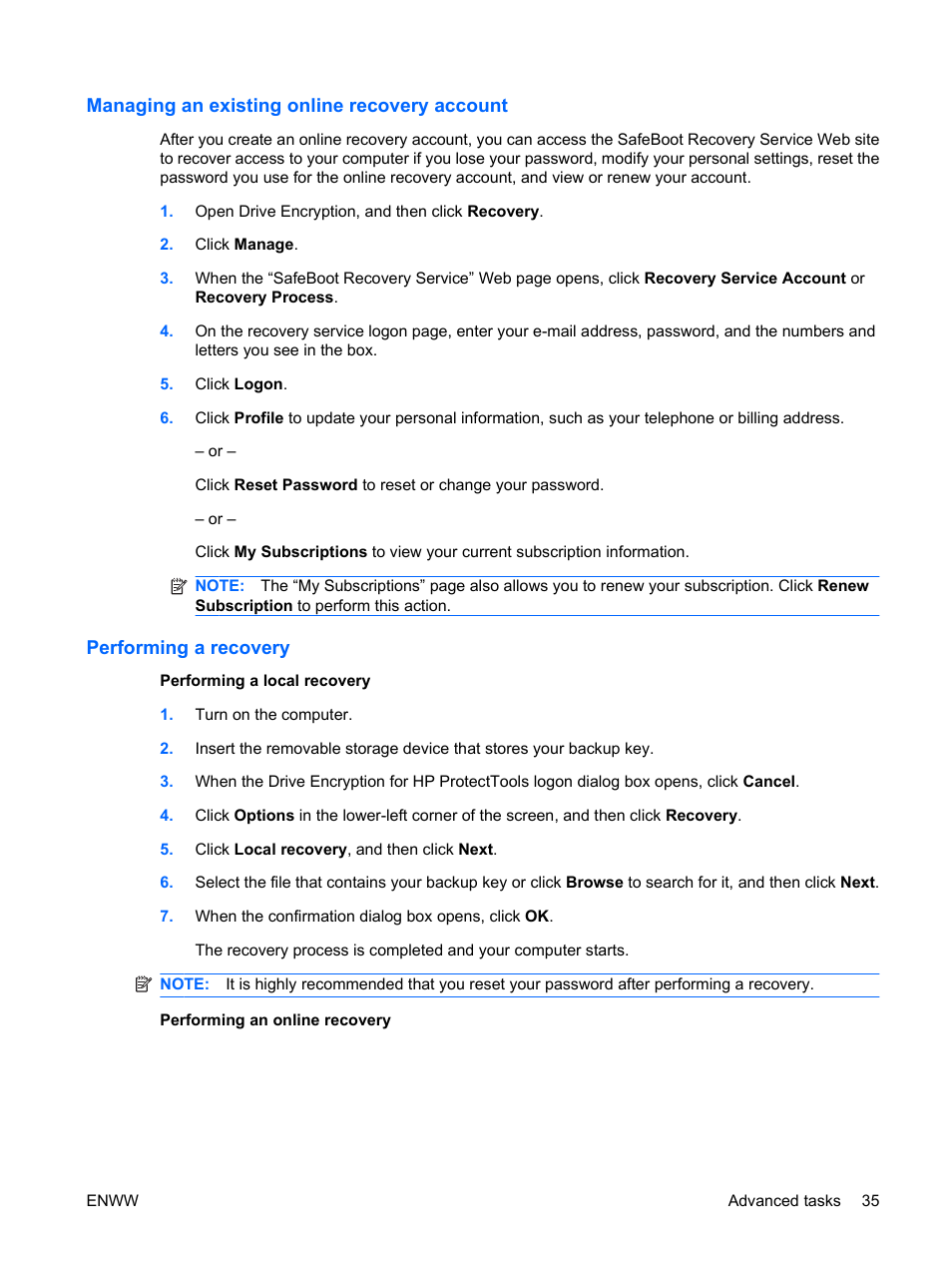 Managing an existing online recovery account, Performing a recovery | HP Compaq dc7900 Small Form Factor PC User Manual | Page 45 / 110