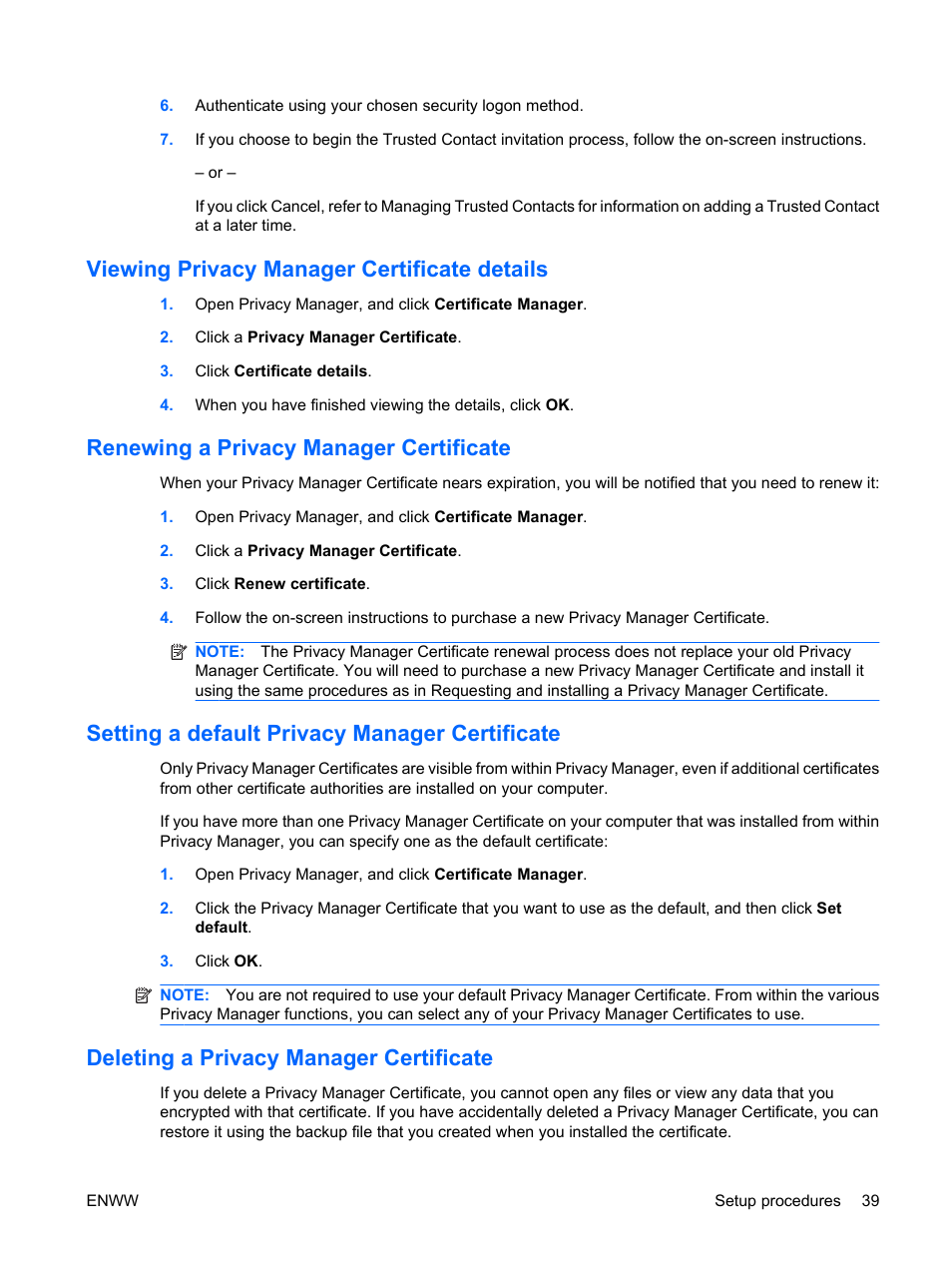 Viewing privacy manager certificate details, Renewing a privacy manager certificate, Setting a default privacy manager certificate | Deleting a privacy manager certificate | HP Compaq dc7900 Small Form Factor PC User Manual | Page 49 / 110