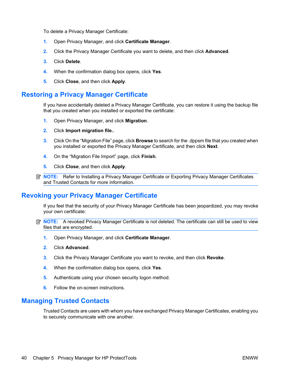 Restoring a privacy manager certificate, Revoking your privacy manager certificate, Managing trusted contacts | HP Compaq dc7900 Small Form Factor PC User Manual | Page 50 / 110
