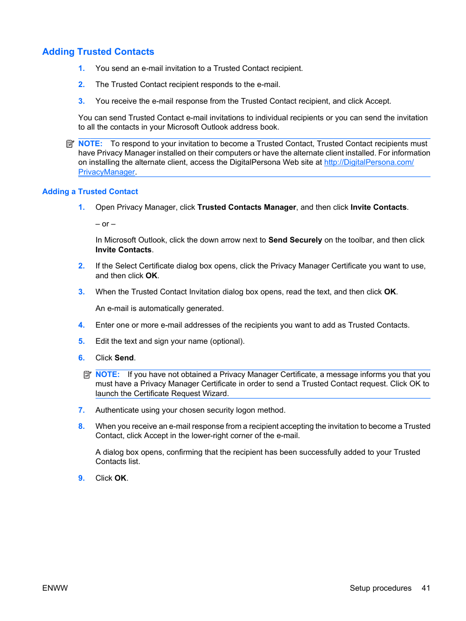 Adding trusted contacts, Adding a trusted contact | HP Compaq dc7900 Small Form Factor PC User Manual | Page 51 / 110