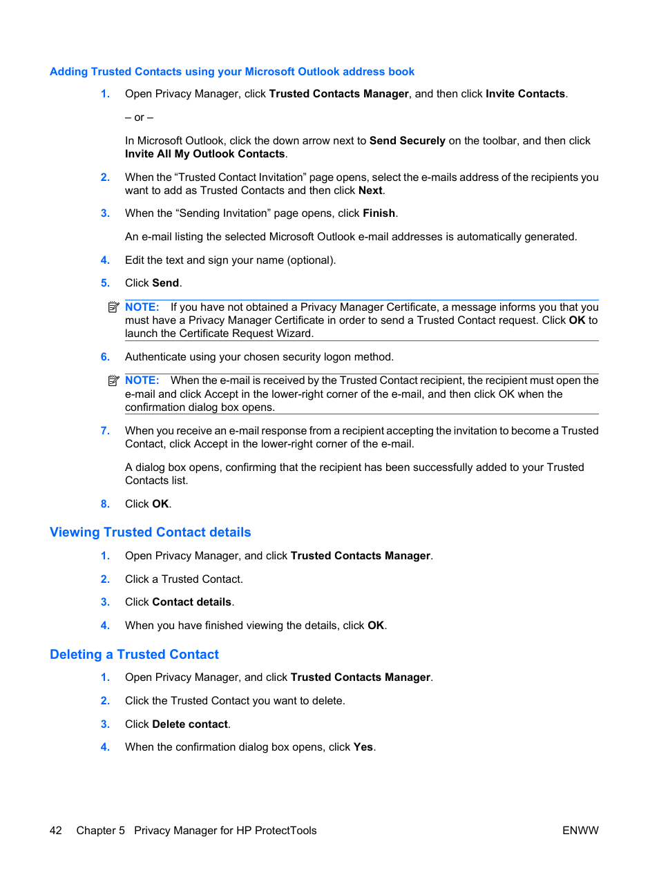 Viewing trusted contact details, Deleting a trusted contact | HP Compaq dc7900 Small Form Factor PC User Manual | Page 52 / 110