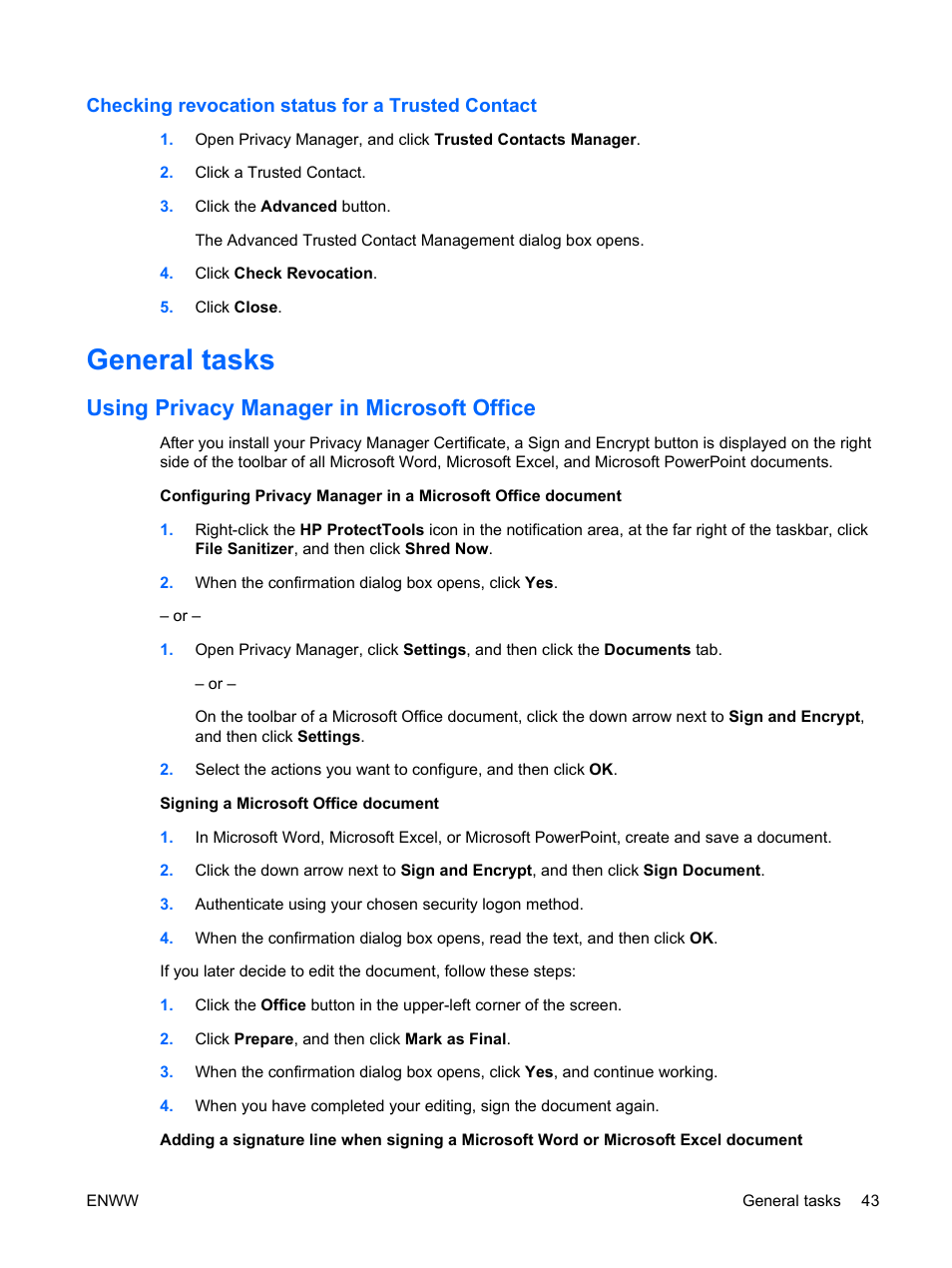 Checking revocation status for a trusted contact, General tasks, Using privacy manager in microsoft office | HP Compaq dc7900 Small Form Factor PC User Manual | Page 53 / 110