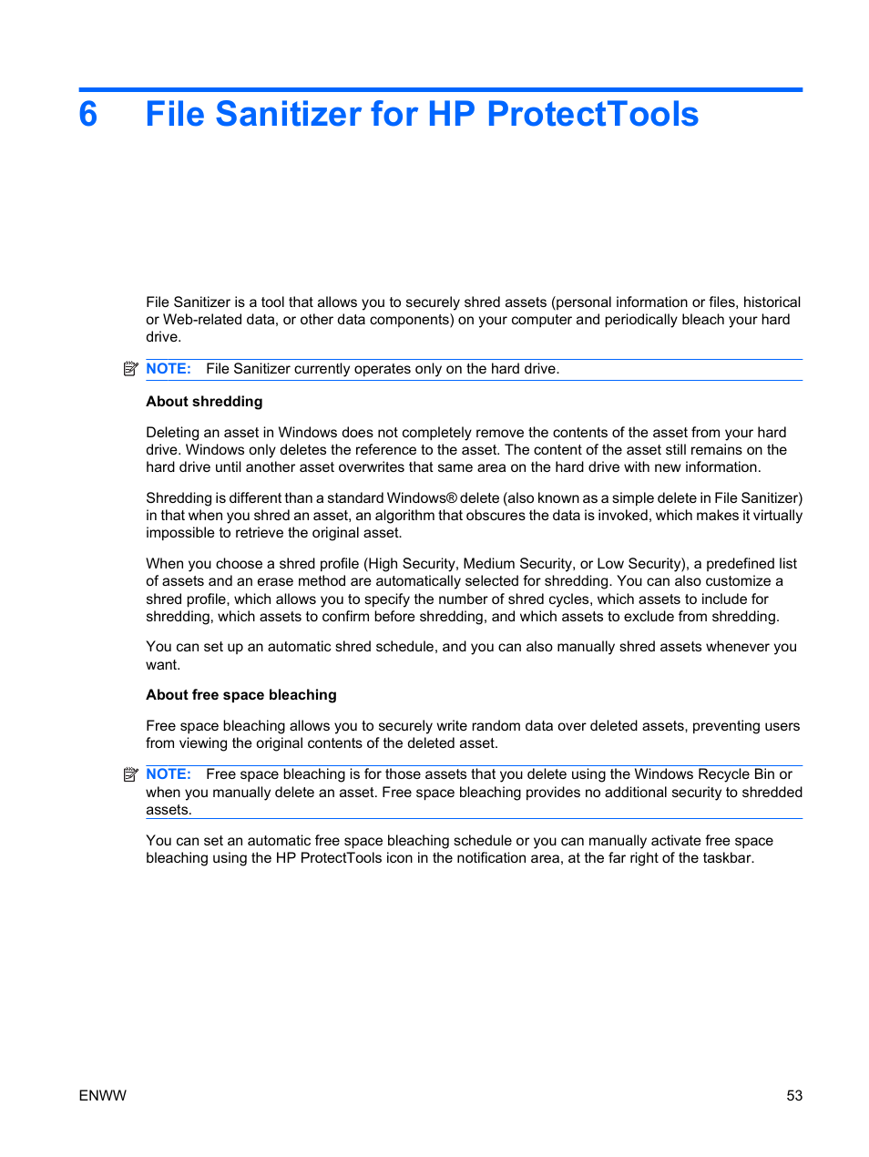 File sanitizer for hp protecttools, 6 file sanitizer for hp protecttools, 6file sanitizer for hp protecttools | HP Compaq dc7900 Small Form Factor PC User Manual | Page 63 / 110