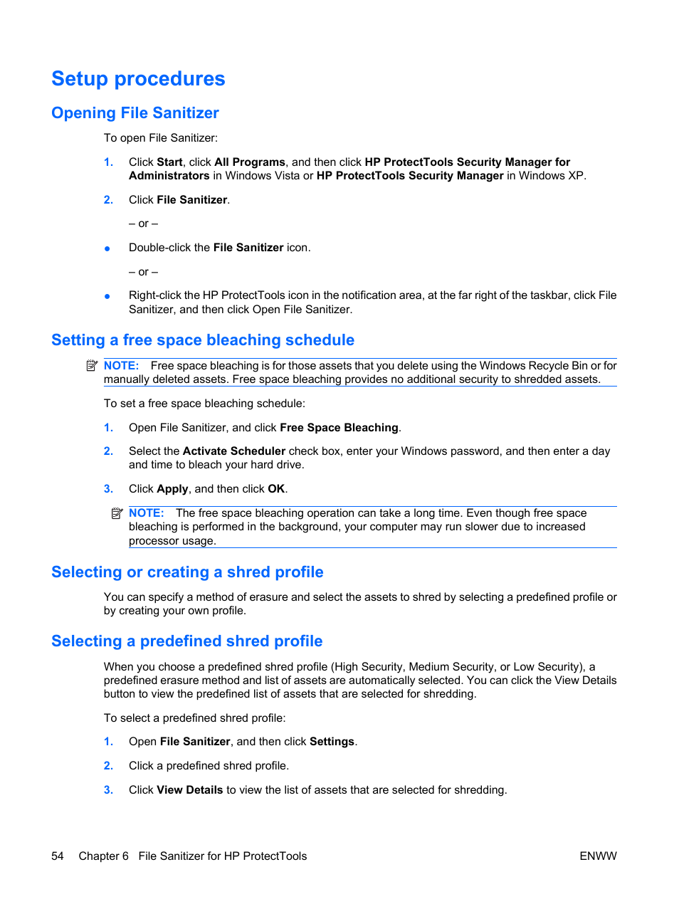 Setup procedures, Opening file sanitizer, Setting a free space bleaching schedule | Selecting or creating a shred profile, Selecting a predefined shred profile | HP Compaq dc7900 Small Form Factor PC User Manual | Page 64 / 110