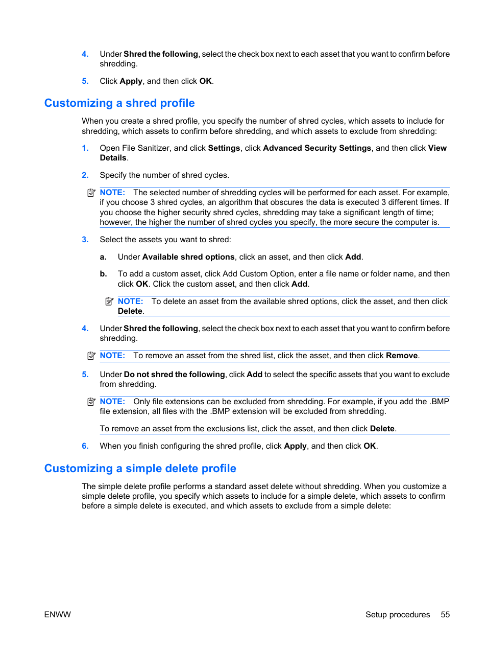 Customizing a shred profile, Customizing a simple delete profile | HP Compaq dc7900 Small Form Factor PC User Manual | Page 65 / 110