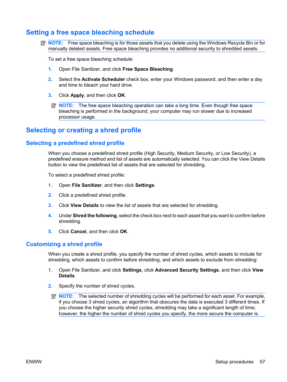 Setting a free space bleaching schedule, Selecting or creating a shred profile, Selecting a predefined shred profile | Customizing a shred profile | HP Compaq dc7900 Small Form Factor PC User Manual | Page 67 / 110