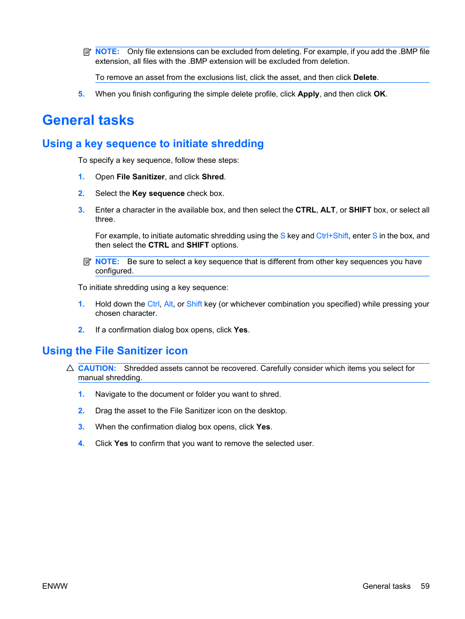 General tasks, Using a key sequence to initiate shredding, Using the file sanitizer icon | HP Compaq dc7900 Small Form Factor PC User Manual | Page 69 / 110