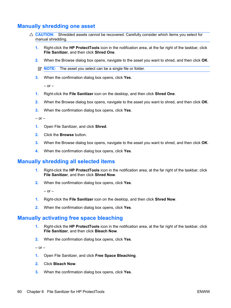 Manually shredding one asset, Manually shredding all selected items, Manually activating free space bleaching | HP Compaq dc7900 Small Form Factor PC User Manual | Page 70 / 110